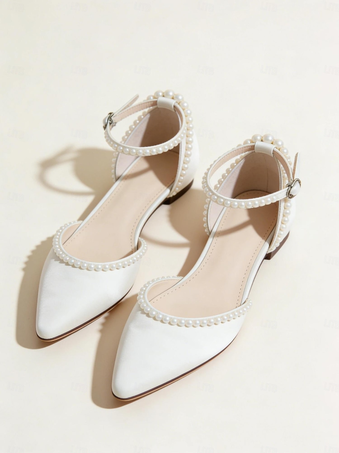 женские белые туфли на плоской подошве с острым носком, украшенные жемчугом, с ремешком на щиколотке — идеально подходят для свадеб и официальных мероприятий 2026 - $54.99 –P4