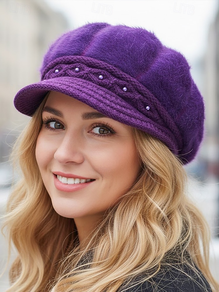 Dámská polyesterová čepice z umělé kožešiny, zdobená perlami, dostupná v několika barvách, ideální pro zimní outfity 2026 - $11.99 –P5