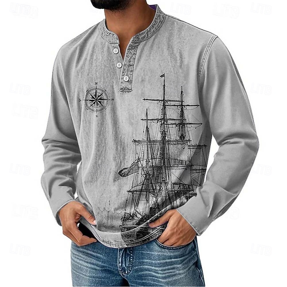 Herren Nautisch Segelboot Henley Hemd T-Shirt Langarm Täglich Retro Vintage Lässig Lässig Ferien Ausgehen Frühling Frühling & Herbst Ganzjahres Grau Hellblau Purpur Khaki Henley Henley T-Shirt 2026 - $20.99 –P2
