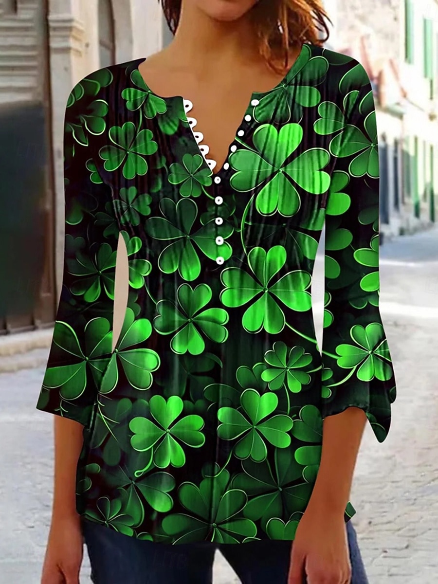 St. Patrick's Day Women's Blouse Graphic Shamrock Plants Elegant Stylish Classic 3/4 Length Sleeve V Neck Regular Tops Daily Going out Ruffle Buttons Black Green Summer Spring Fall 2026 - $22.99 –P1