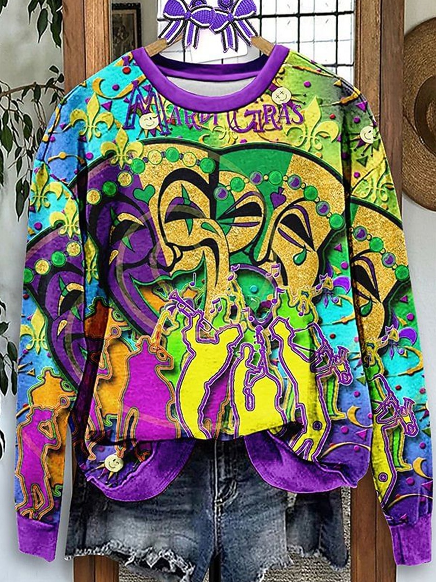 Felpa con cappuccio da donna Carnival grafica astratta casual a maniche lunghe collo tondo ampio indumenti casual quotidiani blu viola verde autunno inverno del 2026 a $28.99 –P3