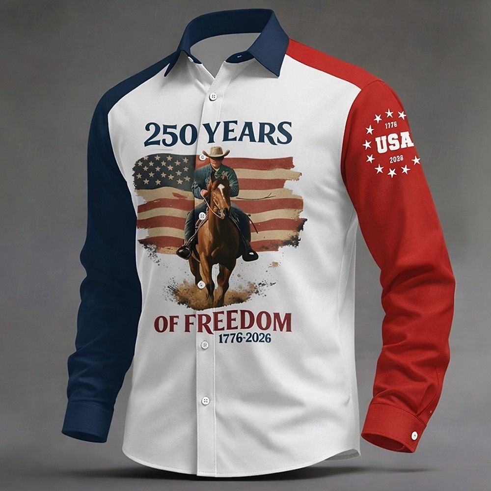 Homme 4 juillet, 250e anniversaire des États-Unis Drapeau américain FREEDOM Chemise Chemise Boutonnée manche longue Vintage Rétro Fête Décontracté Quotidien Printemps Automne Col Rabattu Impression de 2026 ? $27.99 –P1