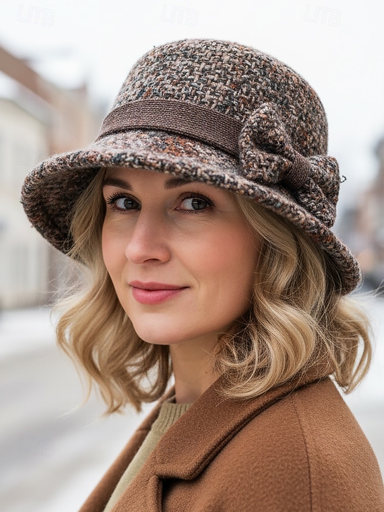 Damen-Mütze aus dickem Polyester mit Karomuster und Schleifendetail, erhältlich in verschiedenen Farben – perfekt für Herbst und Winter 2026 - $14.99 –P1