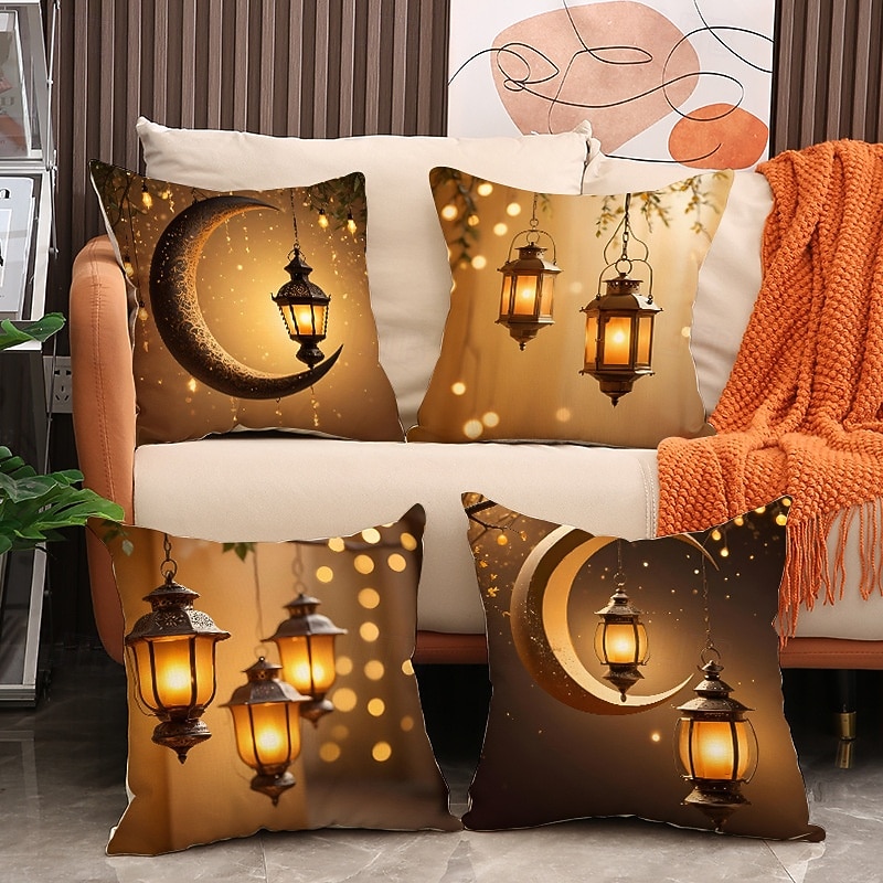 Capa de almofada decorativa para o Ramadã e Eid, lua crescente dourada &Almofada de sofá em estilo étnico com estampa de lanternas, decoração para festivais do Oriente Médio, ideal para sala de estar de 2026 por $13.99 –P1