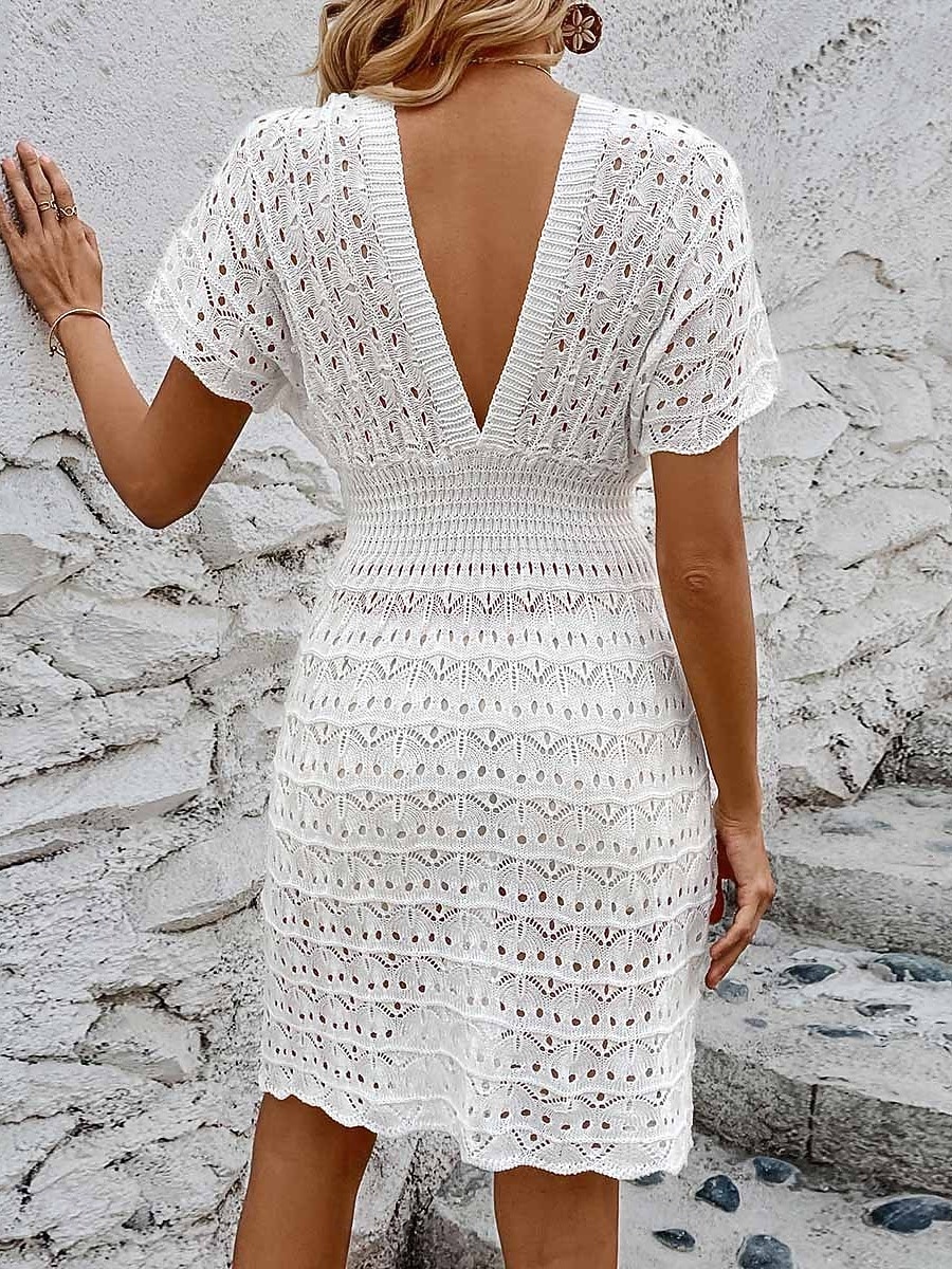 Γυναικείο κάλυμμα μαγιό φόρεμα Cut Out διακοπών παρα beachwear μονόχρωμο V λαιμό κοντά μανίκια 2026 - $28.99 –P9