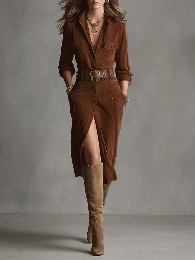 Women's Midi Dress Sheath Dress Vacation Casual Boho Daily Holiday Regular Fit Plain Long Sleeve Lapel Blue Red Light Brown Brown Spring Fall 2026 - $49.99 –P4
