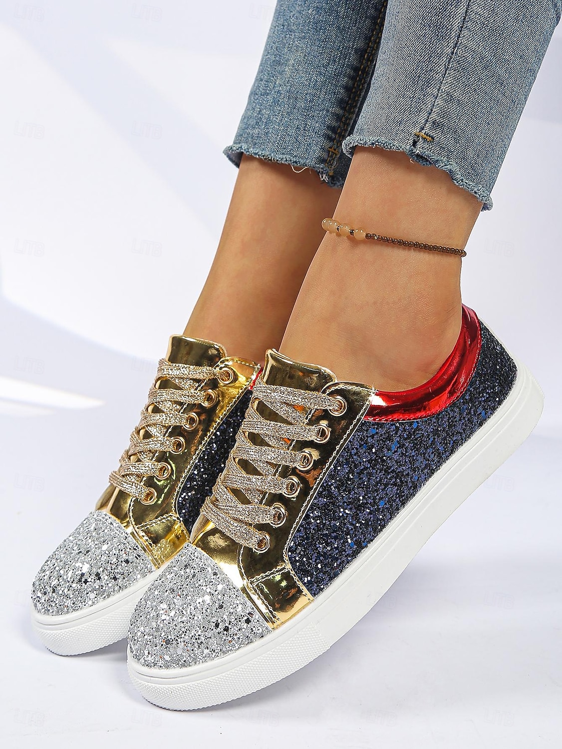 Pentru femei Casual Toc Drept Vârf rotund Casual Imitație Piele Dantelat Argintiu Roșu+albastru 2026 - $34.99 –P10