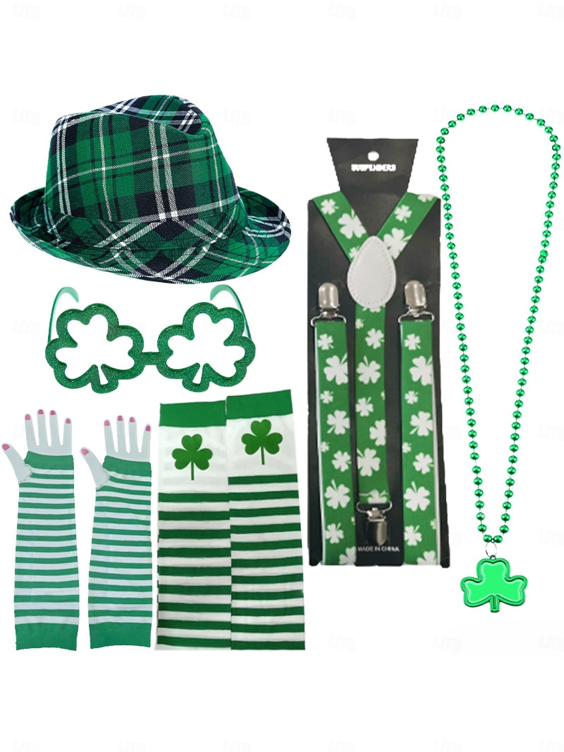 قبعة نسائية خضراء منقوشة بنقشة مربعات ليوم القديس باتريك، نظارات برسيم، قفازات، ربطة عنق &طقم جوارب مخططة – إكسسوارات احتفالية ممتعة لاحتفالات عيد القديس باتريك 2026 - $19.99 –P4
