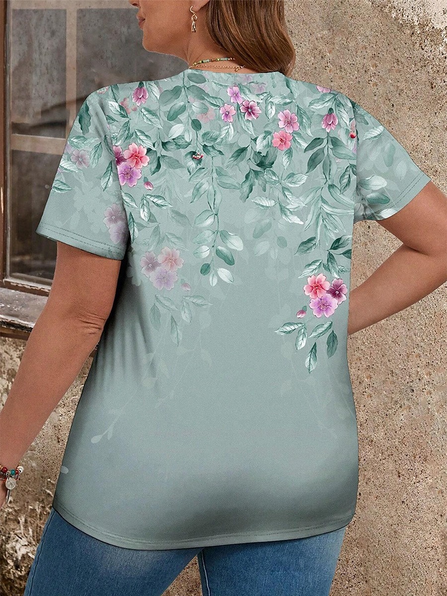 Women's Plus Size Tops T Shirt Floral Print Short Sleeve Crew Neck Casual Daily Polyester Summer Spring Blue Dark Green 2026 - $21.99 –P2