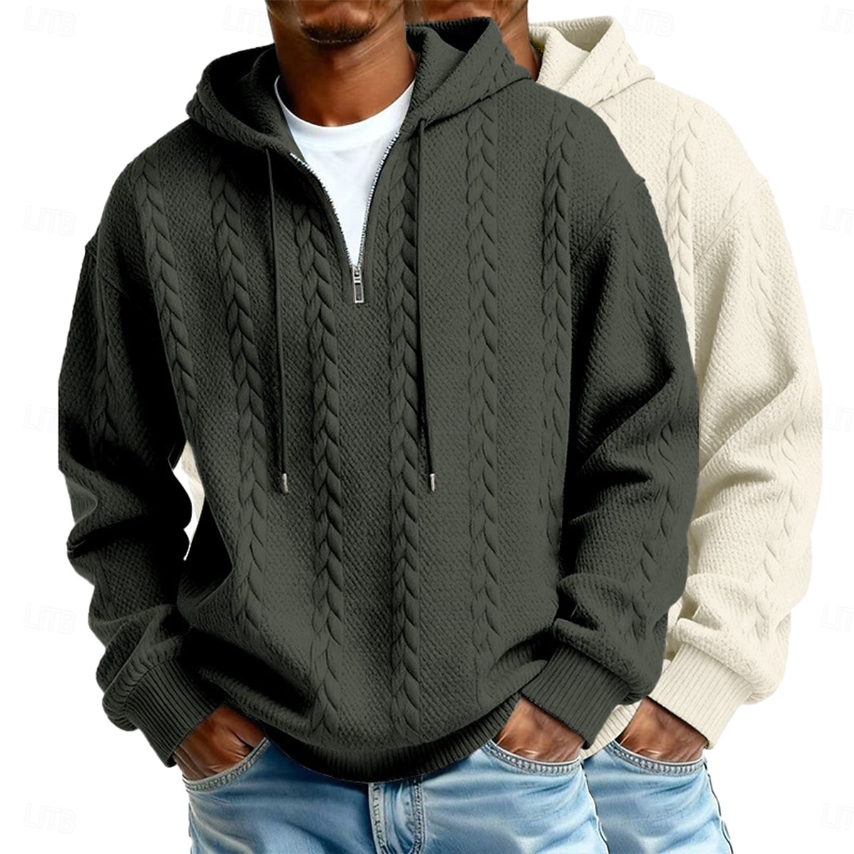 Herre Jacquard Hattetrøje Hettegenser med glidelås Lyseblå + svart Hvit+lys grå Med hette عادي Med Tekstur Avslappet Daglig Sport & Utendørs Polyester Gatemote Kul Sportsklær Høst vinter Vår & Vinter 2026 - $47.99 –P6