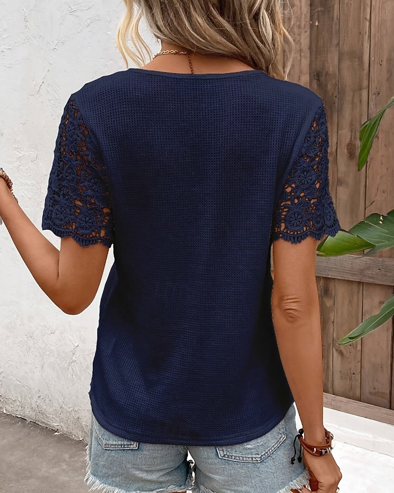 Mujer Blusa Tops de encaje Encaje Retazos Botones Plano Casual Manga Corta Escote en Pico Tops regulares Diario Festivos Noche Azul Marino Verano Primavera 2026 - $22.99 –P5