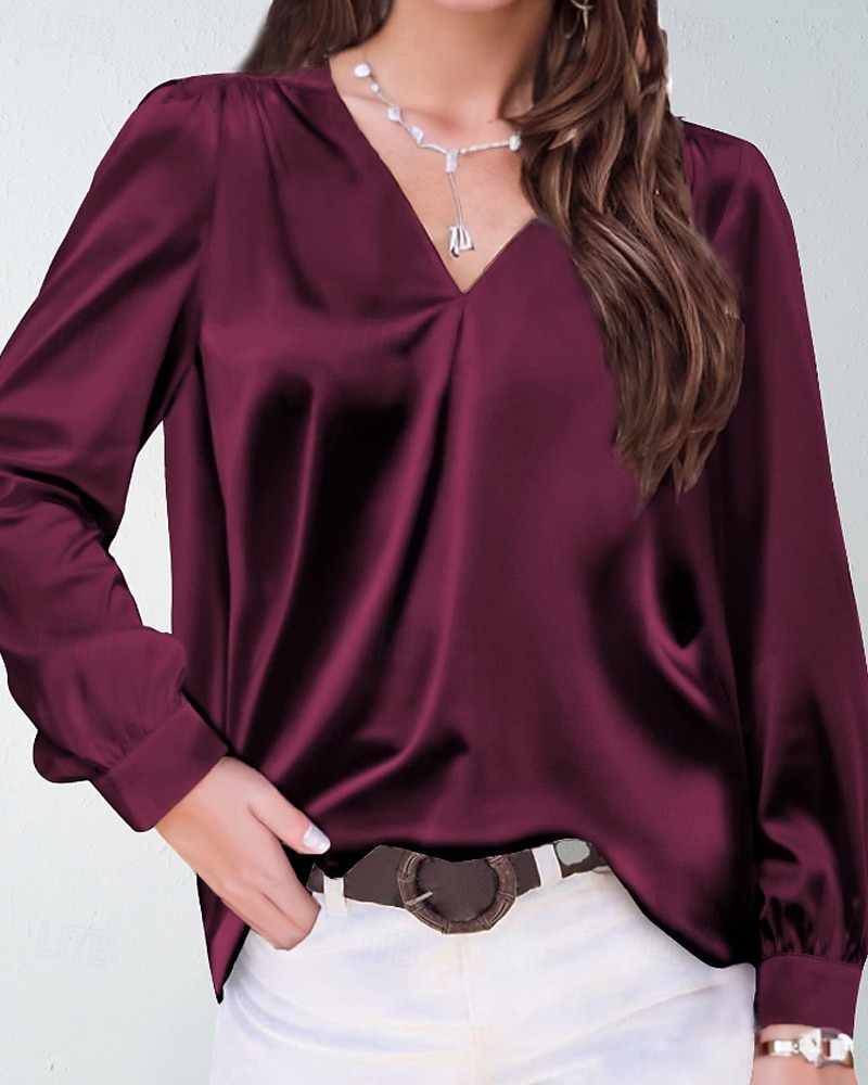 Women's Shirt Elegant Satin Top Blouse Ruched Plain Vintage Stylish Long Sleeve V Neck Regular Tops Holiday Going out Black White Wine Apricot Summer Spring 2026 - E£1572.44 –P3
