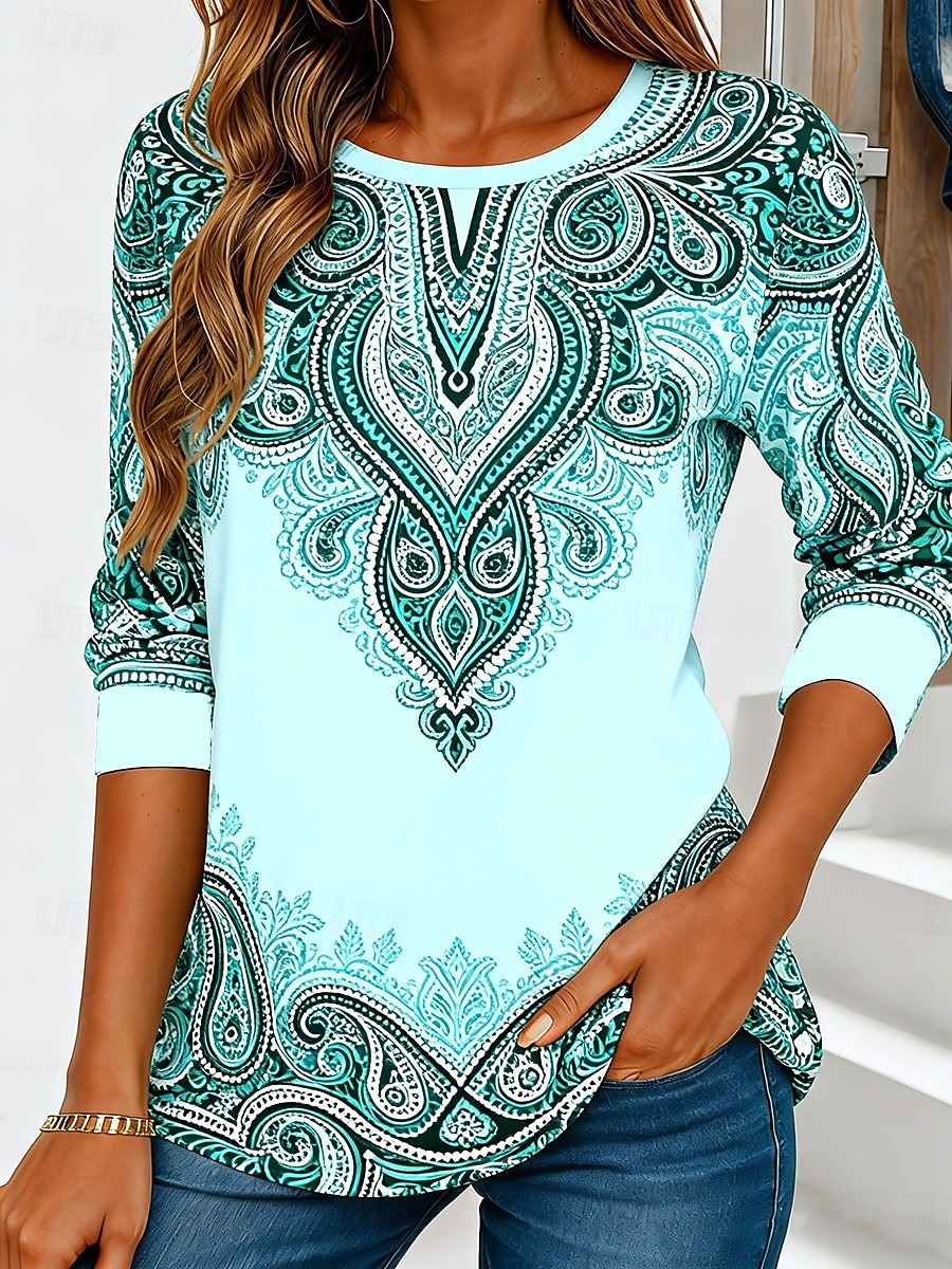Γυναικεία Μπλουζάκι Στάμπα Γραφική Λαχούρι Μοντέρνα Στυλάτο Κλασσικό Μακρυμάνικο Στρογγυλή Ψηλή Λαιμόκοψη Κανονικά μπλουζάκια Καθημερινά Σαββατοκύριακο Ρούχα διακοπών Θαλασσί 2026 - $19.99 –P1