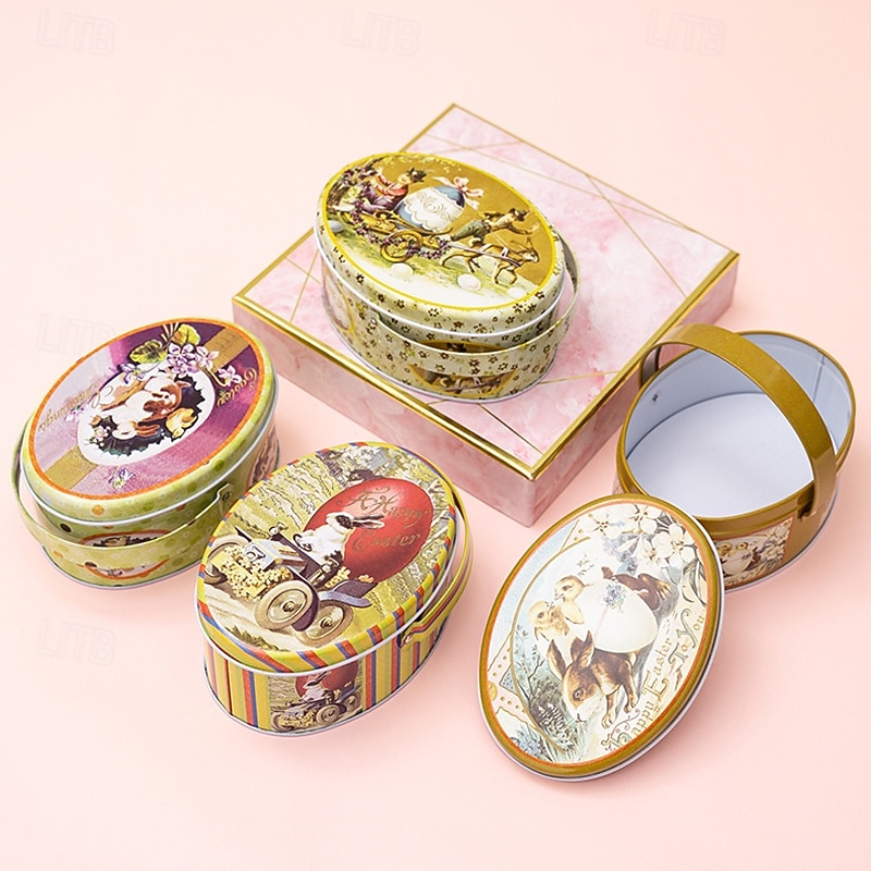 Confezione da 4 scatole ovali di latta a forma di coniglietto pasquale con manici, contenitori per conservare le uova di Pasqua, contenitori di metallo portatili per bambini, ideali per biscotti, del 2026 a $22.99 –P3