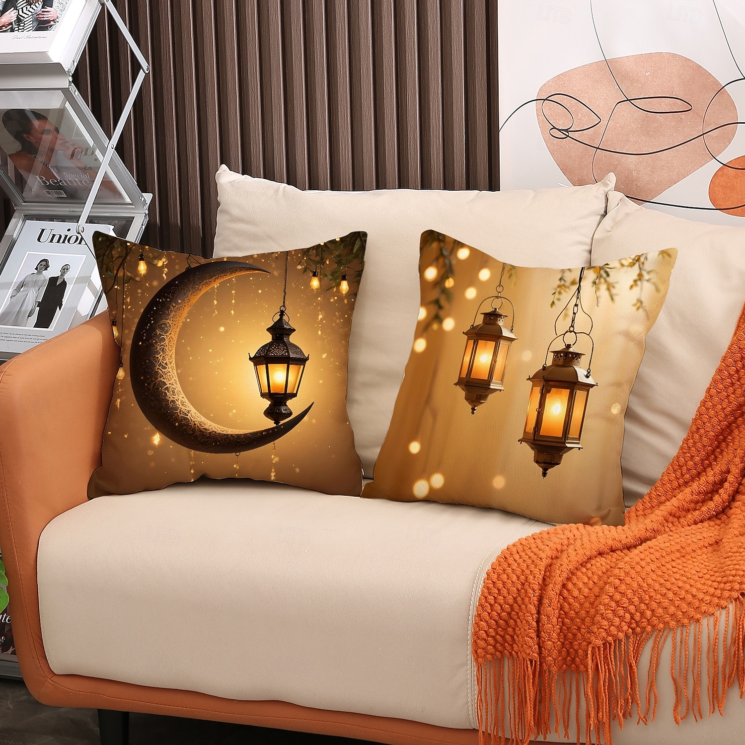 Capa de almofada decorativa para o Ramadã e Eid, lua crescente dourada &Almofada de sofá em estilo étnico com estampa de lanternas, decoração para festivais do Oriente Médio, ideal para sala de estar de 2026 por $13.99 –P2