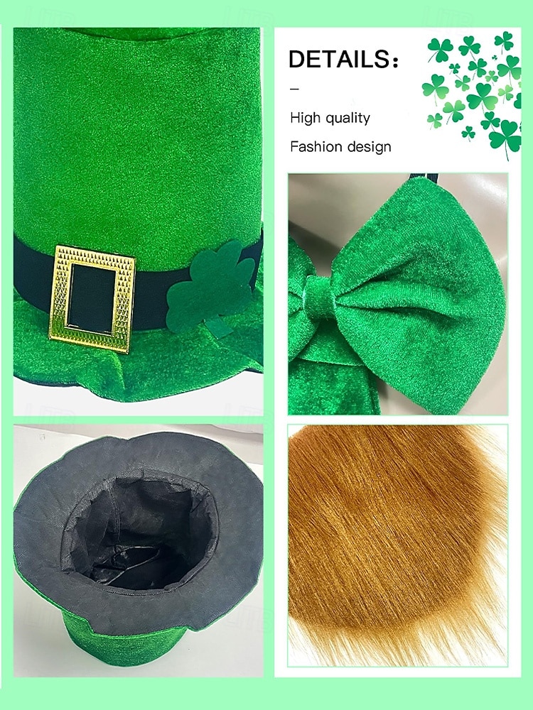2026年 男性用聖パトリックの日のレプラコーンコスチュームアクセサリーセット、ポリエステル素材、バックル付きグリーンのトップハット、偽のひげ、蝶ネクタイとネクタイセット、パーティーや休日のお祝い  コレクション – $24.99 –P11