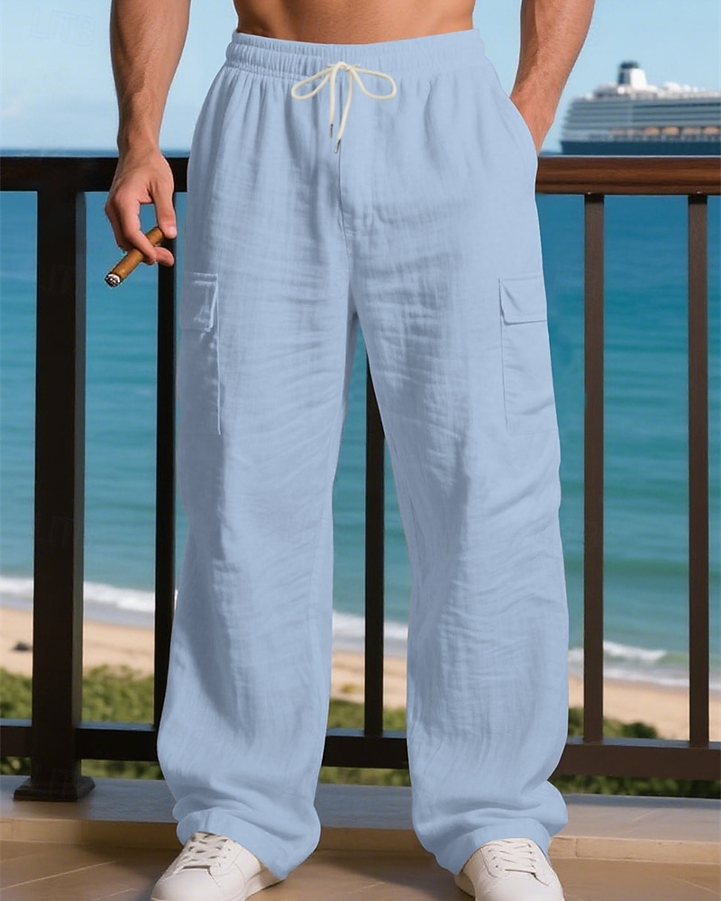 Miesten Pellavahousut Housut Kesähousut Roikkuvat housut Rantahousut Kurenauha Joustava vyötärö Yhtenäinen väri Mukavuus Hengittävä Päivittäin ulko- Hiekkaranta Loma Muoti Musta Valkoinen 2026 - $26.99 –P18