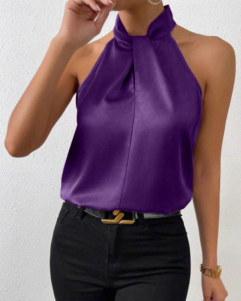 Damen Hemd Elegant Satin-Top Seidenhemd Rückenfrei Einfach Elegant Stilvoll Ärmellos Neckholder Normale Oberteile Ferien Ausgehen Schwarz Weiß Kamel Purpur Braun Sommer Frühling 2026 - $25.99 –P6