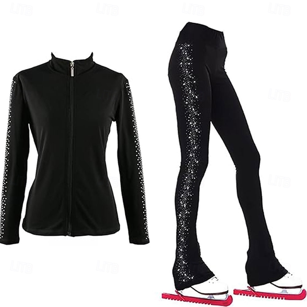 2026年 フィギュアスケートジャケットとパンツ レディース 女子 アイススケート 衣装 ブラック ストレッチ トレーニング 競技 スケートウェア 保温 暖かい クリスタル/ラインストーン 長袖 アイススケート フィギュアスケート  コレクション – $149.99 –P1