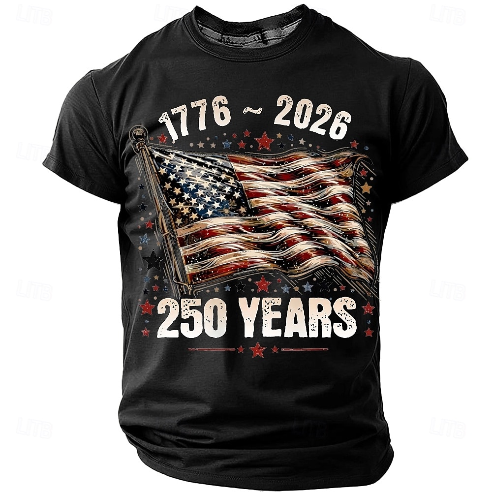 4 iulie 2026 250 de ani de Ziua Memoriei Tricou pentru bărbați cu imprimeu 3D Steagul SUA cu guler rotund și mânecă scurtă Daily Stradă 2026 - $8.99 –P3