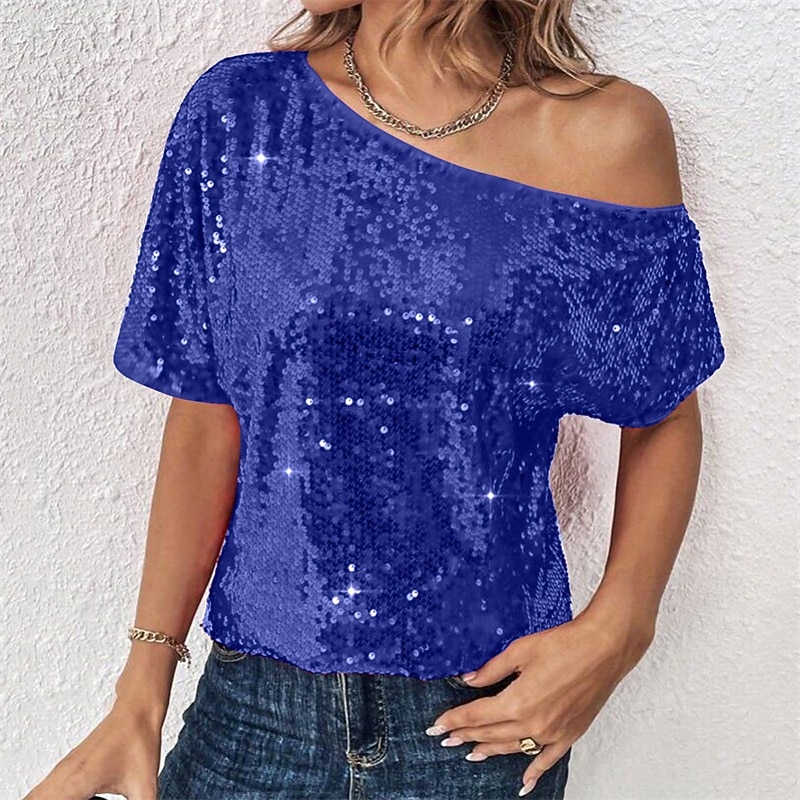 Damen Sommeroberteile Bluse Elegante Oberteile Pailletten-Oberteile Gerafft Pailletten Patchwork Einfarbig Einfach Elegant Vintage Damen Kurzarm Schulterfrei Normale Oberteile Täglich Arbeit Ausgehen 2026 - $11.49 –P3