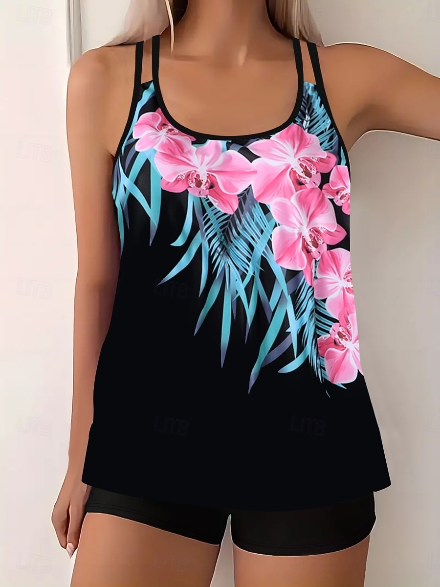 Maillot de bain tankini 2 pièces femme palmiers short contrôle du ventre taille haute slim dos nu vacances plage dégradé géométrique col en U sans manches de 2026 ? $33.99 –P8