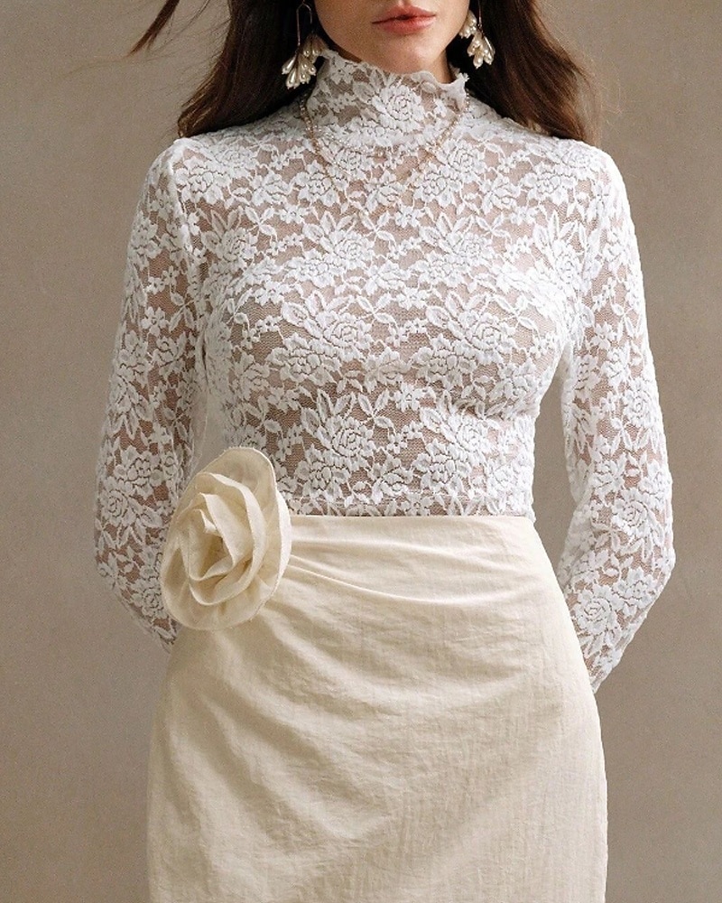 Damen Bluse Spitzentops Spitze Einfach Stilvoll Langarm Rollkragen Normale Oberteile Täglich Ferien Ausgehen Weiß Frühling Herbst 2026 - $26.99 –P1