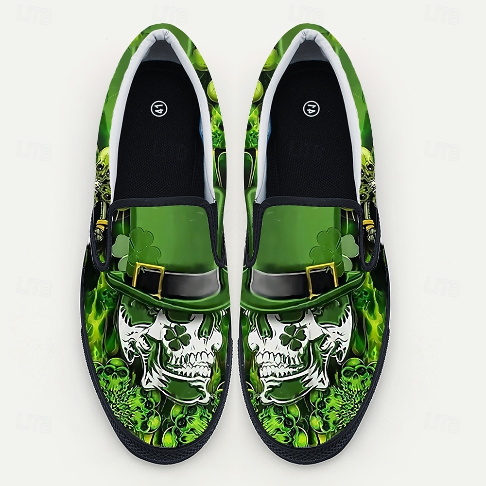 Ανδρικά πράσινα φλοράλ slip-on παπούτσια – μοναδικό σχέδιο με νεκροκεφαλή και τριφύλλι, άνετα και κομψά υποδήματα για την ημέρα του Αγίου Πατρικίου και casual γιορτές 2026 - $46.99 –P4