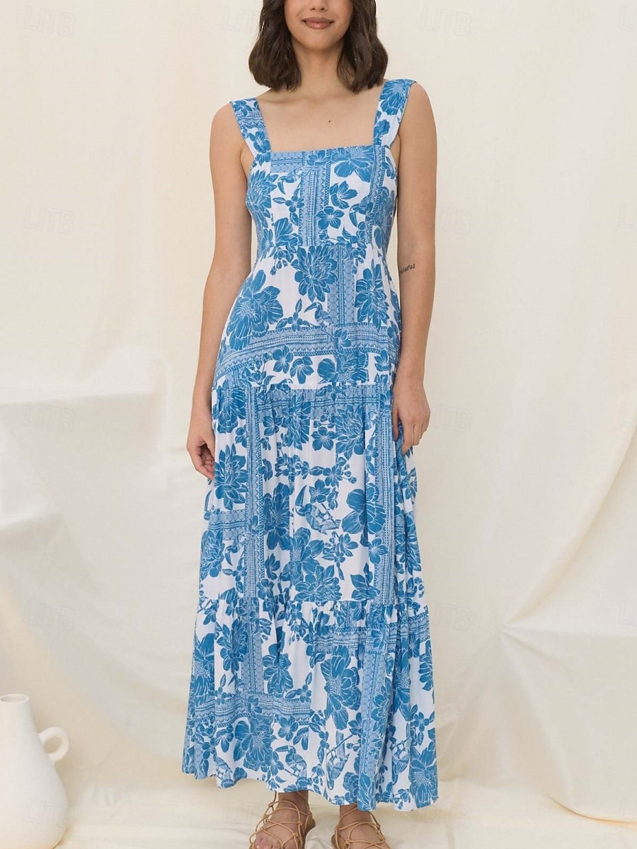 Damskie Sukienka maxi Sukienka A line Sukienka na ramiączkach Urlop Codzienny Na zewnątrz Wyjściowe Luźna Kwiaty Graficzny Bez rękawów Cienkie ramiączka Niebieski Błękit nieba Pomarańczowy Zielony 2026 - $33.99 –P2