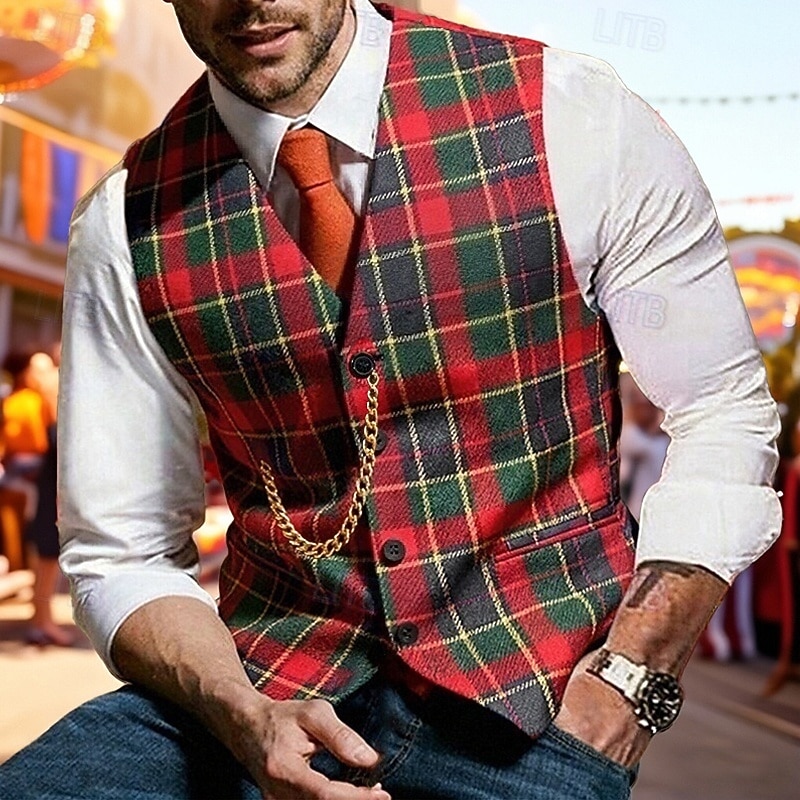 Per uomo Gilet All'aperto Carnevale Feste Ufficio / Carriera Moda Streetwear Primavera Autunno Bottoni Poliestere Tessuto Traspirabilità Plaid Monopetto Scollo a V Vestibilità su misura Rosso Gilet del 2026 a $29.99 –P1