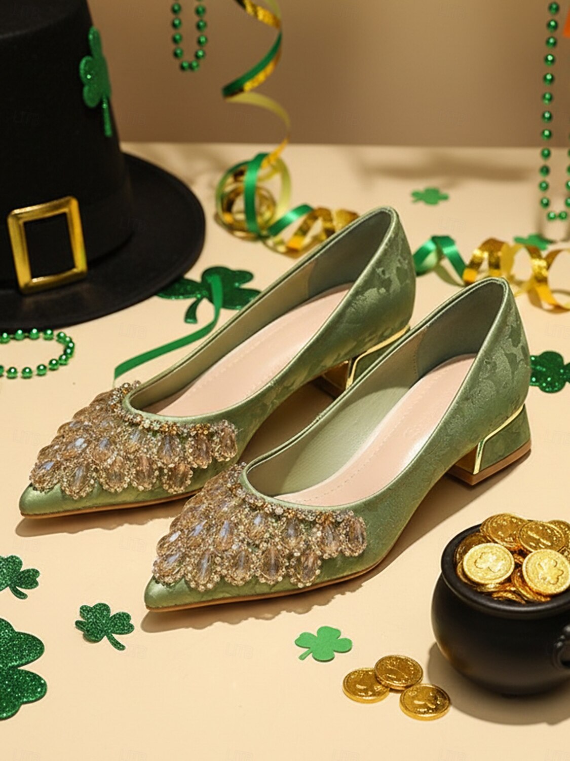 Women's St. Patrick's Day Green Satin Low Heel Pumps, Pointed Toe Crystal Embellished Dress Shoes, Elegant Vintage-Inspired Comfort Heels for Women, Perfect for St. Paddy's Day Parties 2026 - $42.99 –P5