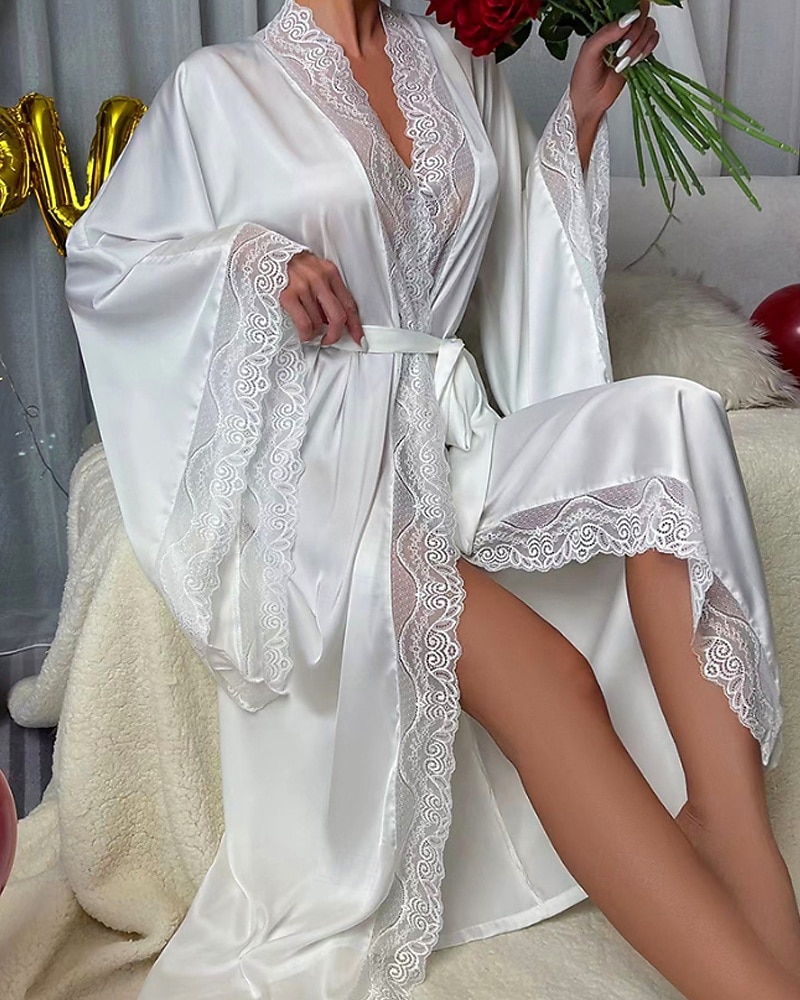 Γυναικεία Ρόμπα Καθημερινό Μαλακή Σατέν Μονόχρωμες Δαντέλα Παντελόνι Καθημερινά Σπίτι Κρεβάτι Μακρυμάνικο Λαιμόκοψη V Μαύρο Λευκό Κρασί Ρουμπίνι Καφέ Καλοκαίρι Άνοιξη Κανονικό 2026 - $39.99 –P4