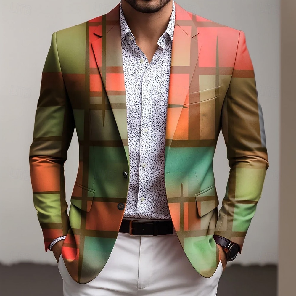 Homens Bloco de cor Geométrico Jaqueta Blazer Casaco Confortável Respirável Artistíco Casual Diário Traje de festa para noite Casual Bolsos Impressão 3D Botões Todas as Estações Entalhe Manga Longa de 2026 por $85.99 –P1