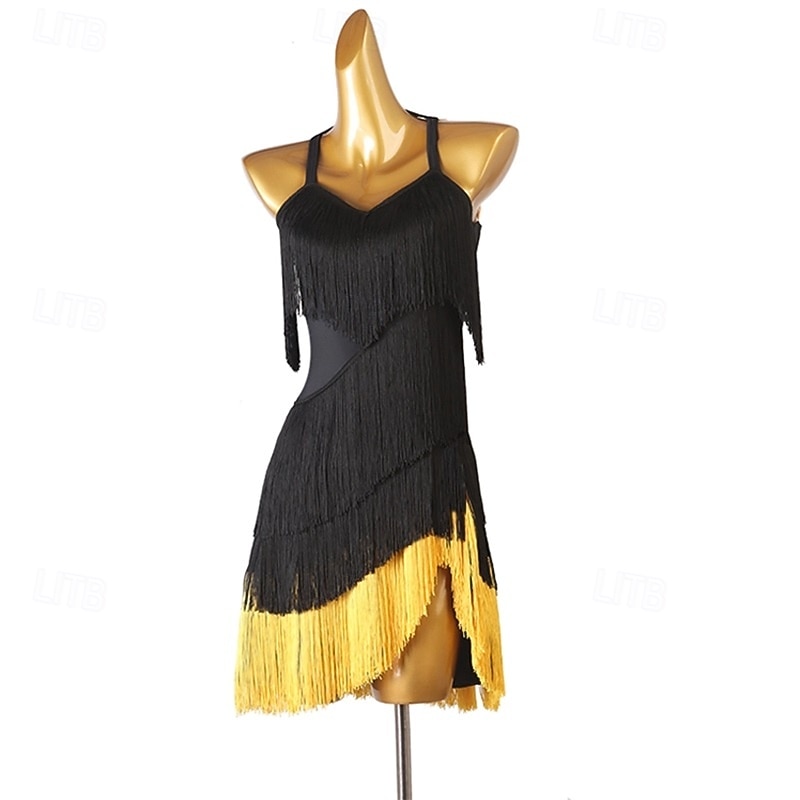preto feminino &Vestido de dança latina com franjas douradas - decote halter bicolor para rumba, salsa, cha-cha e dança de salão. de 2026 por $139.99 –P1