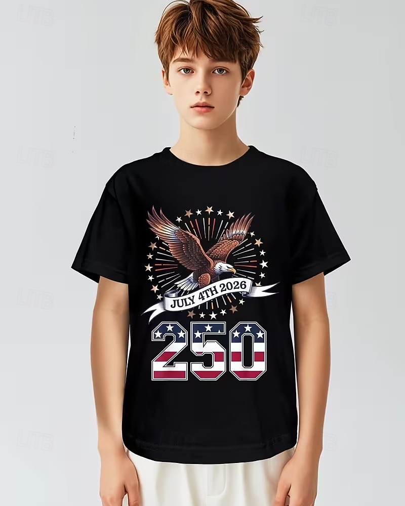 100% Bumbac Copii Băieți Negru Alb Vultur Drapel USA A 250-a aniversare Tricou Bluză Stil Nautic Manșon scurt În aer liber Zilnice Modă Șic Stradă Designer Imprimare Vară 2026 - $17.99 –P3