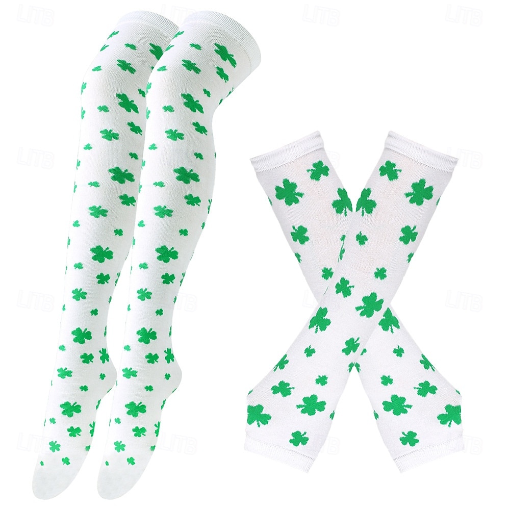 dámská ponožka ke Dni svatého Patrika &sada návleků na ruce, 4dílné podkolenky s potiskem trojlístku a rukavice bez prstů, sváteční doplňky v irsko zelené barvě pro ženy &holky, ideální pro průvody ke 2026 - $19.99 –P6