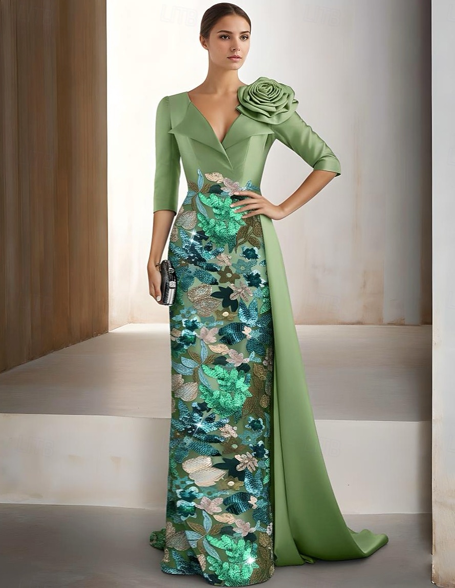 Tubinho Longo Bordado com miçangas Vestido formal Vestido para a mãe da noiva Vestidos de noite Vestido de baile com sobressaia Vestido formal Elegante Brilhante Floral Manga 3/4 Lapela Casamento de 2026 por $218.49 –P1