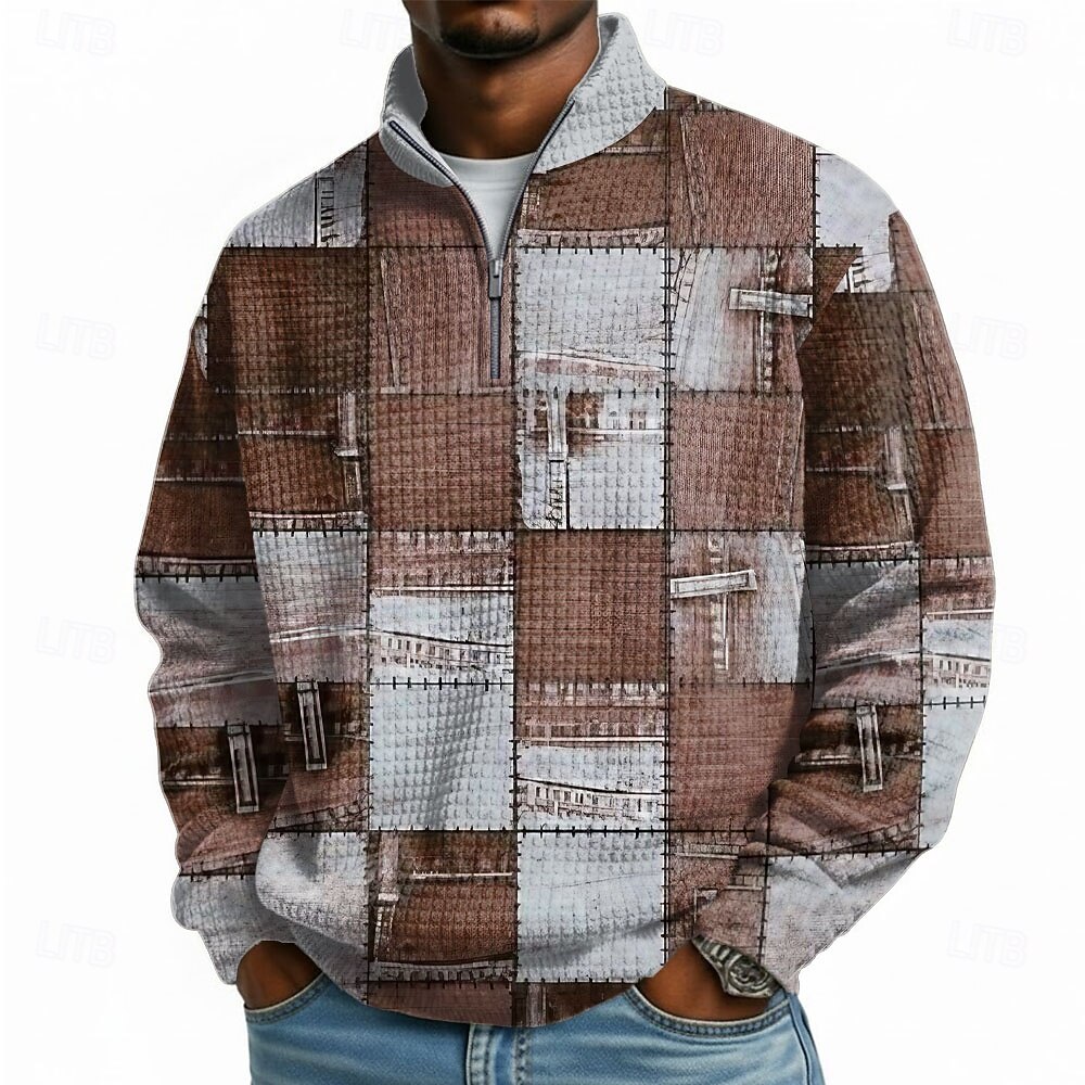Homme Plaid Gauffré Sweatshirt Mode Quotidien Classique Occasionnel Col montant Zip quart Maison Extérieur Bureau Travail Bleu Bleu Clair Violet Marron Gris Zip Up Automne Hiver Designer S M L XL XXL de 2026 ? $32.99 –P3