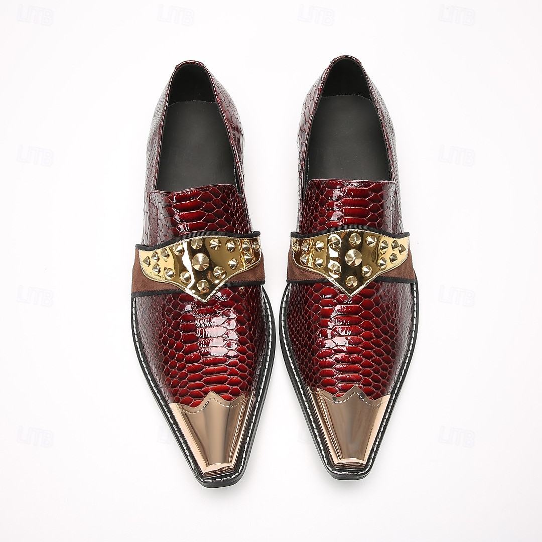 Ανδρικά κόκκινα slip-on παπούτσια από δέρμα φιδιού με χρυσές λεπτομέρειες – πολυτελή επίσημα υποδήματα για κομψούς άνδρες, ιδανικά για βραδινές εκδηλώσεις και μοντέρνες περιστάσεις 2026 - $119.99 –P4