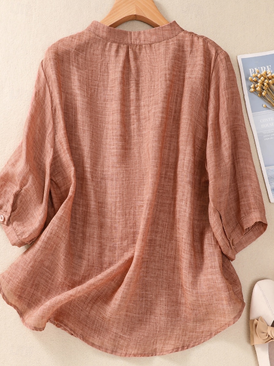 Γυναικεία Μπλούζα Λινό από ψεύτικο βαμβάκι Κεντητό Κουμπιά Φλοράλ Στυλάτο Καθημερινό 3/4 Μήκος Μανικιού Μανδαρίνο Κολλάρο Κανονικά μπλουζάκια Καθημερινά Ανθισμένο Ροζ Βυσσινί Πορτοκαλί Χακί 2026 - $34.99 –P7