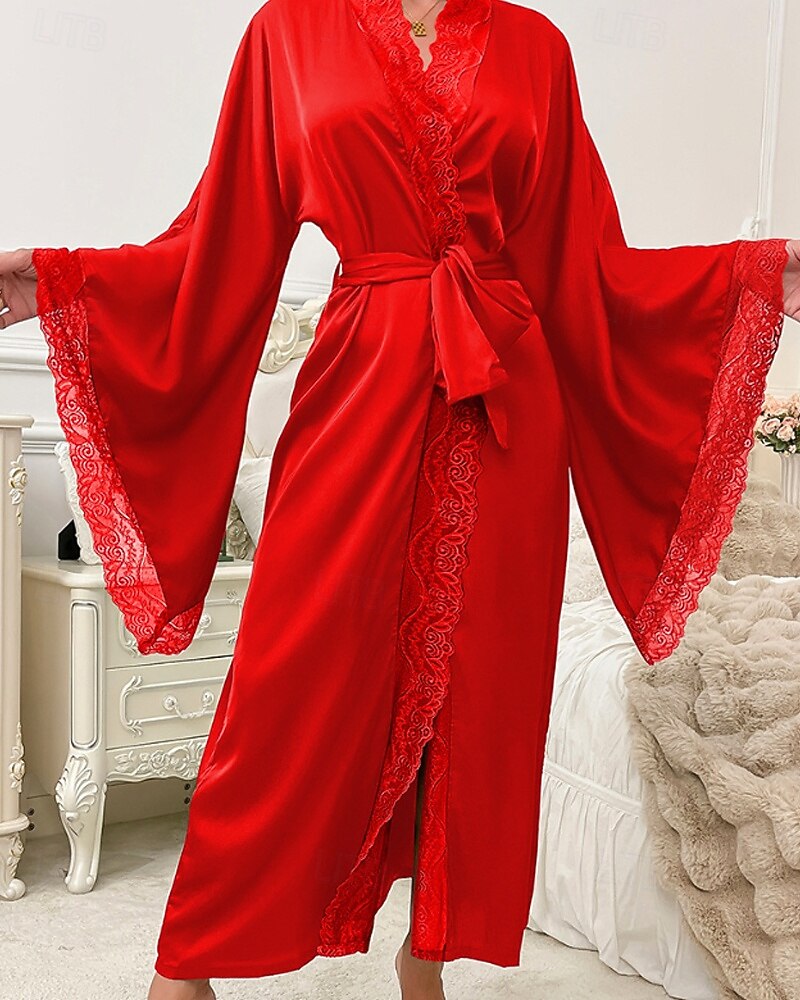 Γυναικεία Ρόμπα Καθημερινό Μαλακή Σατέν Μονόχρωμες Δαντέλα Παντελόνι Καθημερινά Σπίτι Κρεβάτι Μακρυμάνικο Λαιμόκοψη V Μαύρο Λευκό Κρασί Ρουμπίνι Καφέ Καλοκαίρι Άνοιξη Κανονικό 2026 - $39.99 –P12