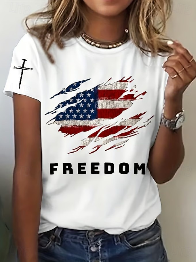 Independensdagen Patriotiska Kvinnor T-shirt Grafisk Flagga Flagga Vintage Stylistisk Klassisk Kortärmad Crew Neck Rund Hals Reguära Toppar Dagligen Helg Tryck Blå Svart Vit Röd Grå Sommar Vår 2026 - $22.99 –P3