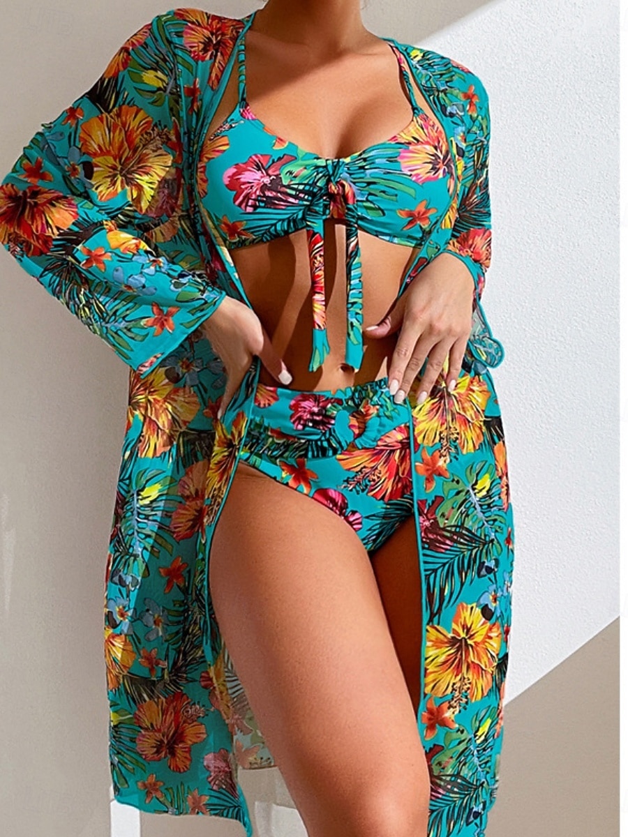 Naisten bikinit 3-osainen uimapuku palm alushousut slim selkä avoin lomaranta-asu kukkakuviolla lehtikuvio pyöreä kaula-aukkoinen hihaton uimapuku 2026 - $33.99 –P11