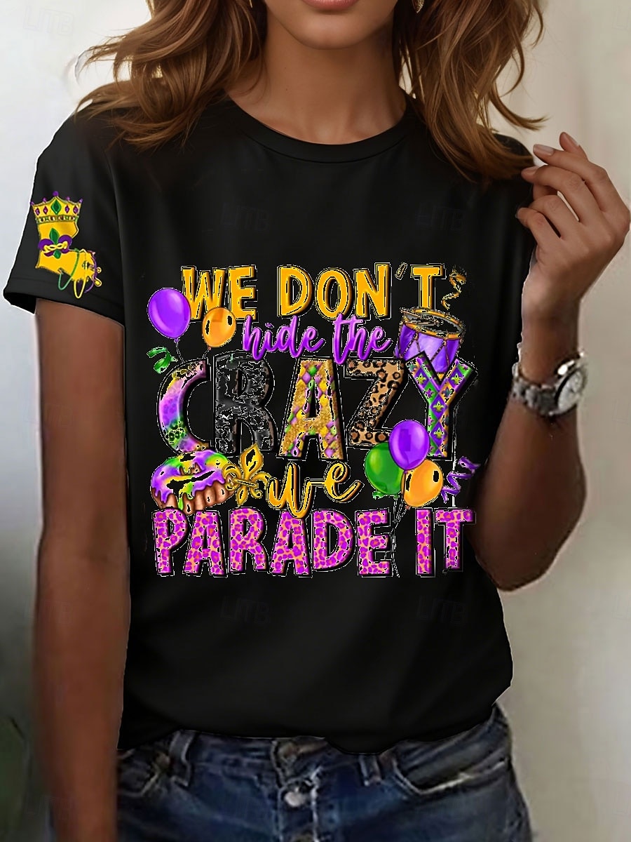 Mardi gras Női Póló Nyomtatott Grafika Szöveg Szüret Stílusos Klasszikus Rövid ujjú Terített nyak Normál felsők Napi Hétvége Fekete Fehér Bíbor Nyár Tavasz 2026 - $22.99 –P3
