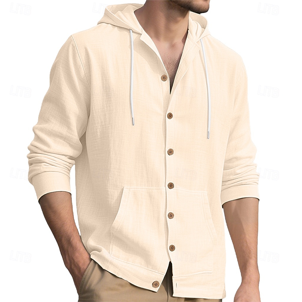 Men's Shirt Linen Shirt Summer Shirt Beach Wear Hooded Shirt Solid Color Vacation Street Black White Yellow Navy Blue Long Sleeve Shirt Collar Summer Spring Clothing Apparel Pocket 2026 - $24.99 –P8