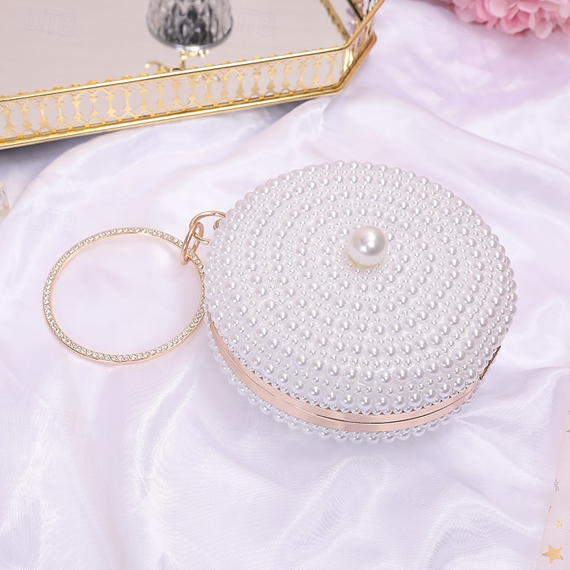 Women's Wallet Evening Bag Evening Bag Coin Purse Leather Party Wedding Party Pearls Solid Color Gold / White Almond 2026 - $42.99 –P5