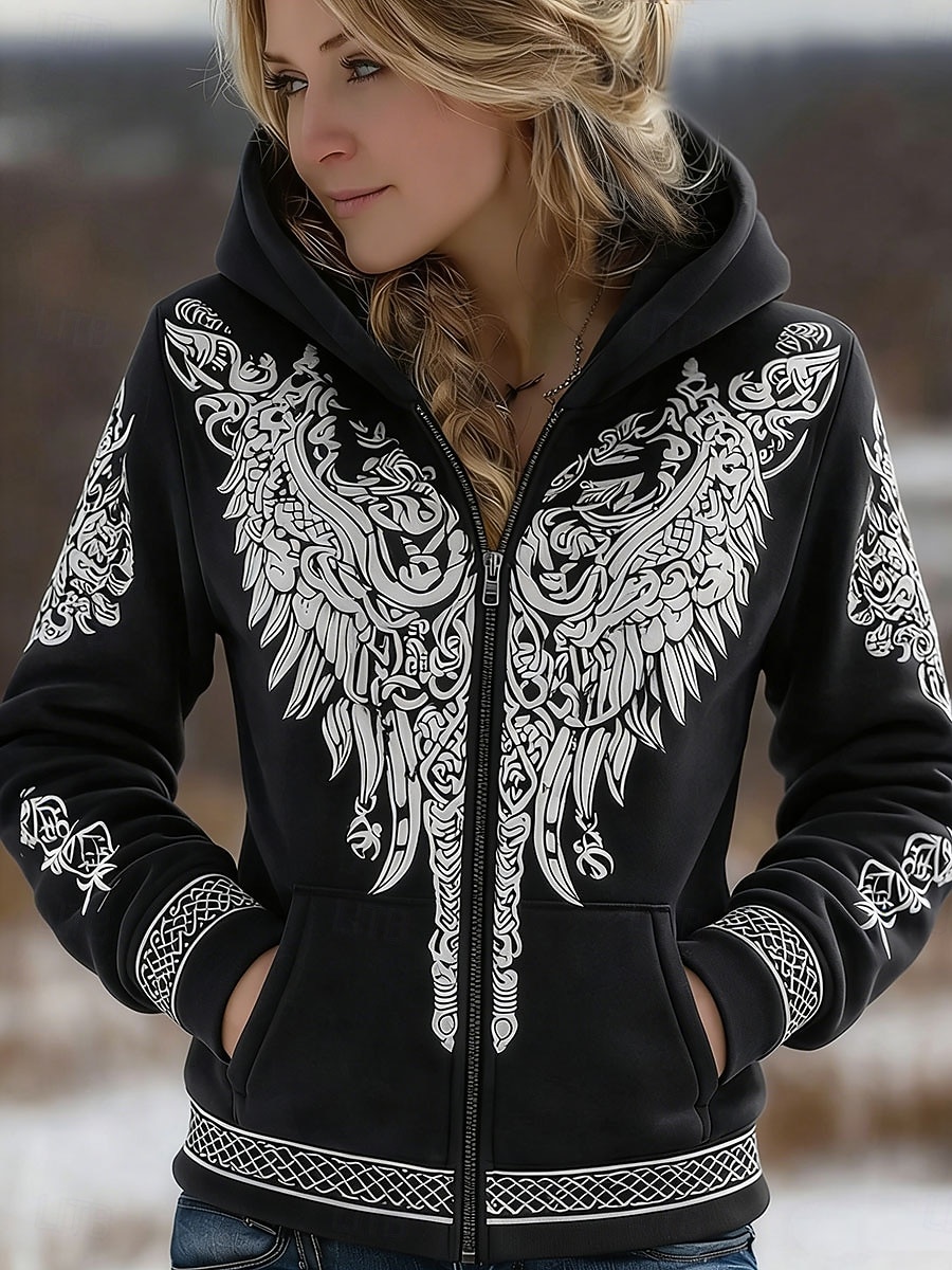 Mulheres Moletom com zíper Zíper Bolsos Imprimir Gráfico Geométrica Moda Ocidental Casual Manga Longa Com Capuz Tops regulares Casual Rua Dia a Dia Preto Vinho Verde Outono Inverno de 2026 por $39.99 –P1