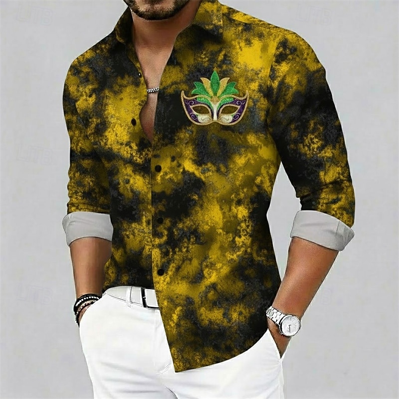 חולצת מרדי גרא לגברים עם צווארון כפתורים - עיטור מסכה גרפי בסגנון קרנבל 2026 - $27.99 –P3