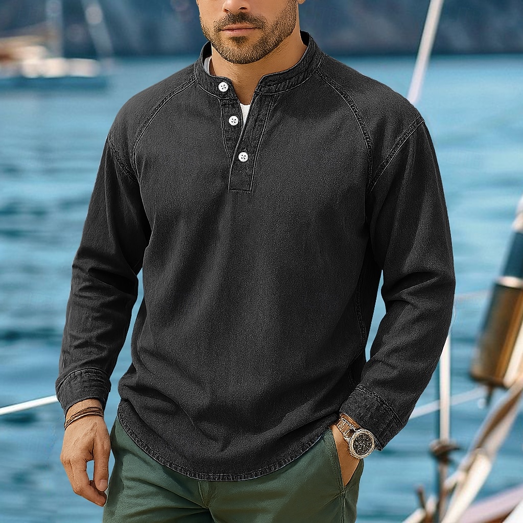 SoftFade™ Men's T Shirt Henley Shirt 100% Cotton Acid Wash Shirt Tee Top Long Sleeve Henley Spring Fall Plain Vintage Streetwear Casual Garment Dyed Faded Washed Casual Home Street Black Blue 2026 - $31.99 –P9