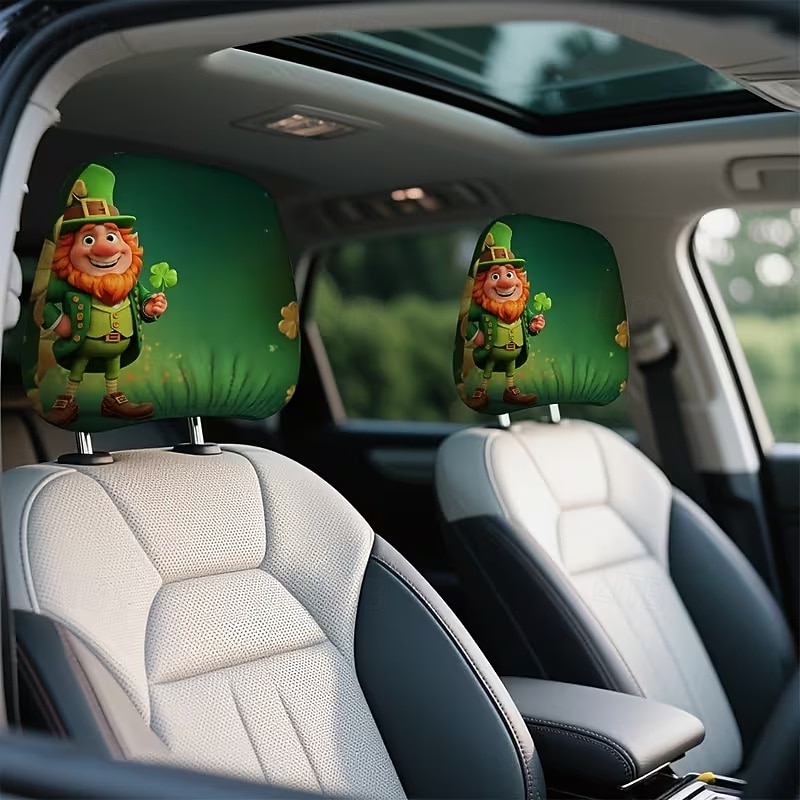 2 capas de encosto de cabeça para carro com trevo verde | compatíveis com todos os veículos, pretas &Adesivo para carro com estampa de trevo verde, design plano 2D, poliéster, fácil instalação - de 2026 por $7.99 –P13